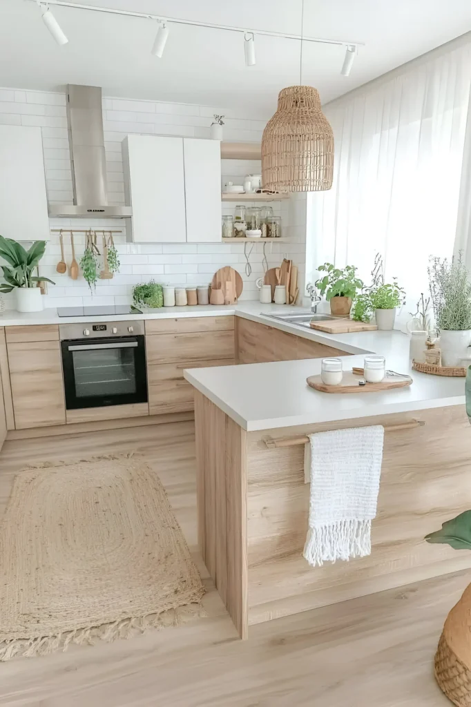 Scandinavian kitchen with wood cabinetry, white countertops, and rattan accents for a warm and cozy feel.