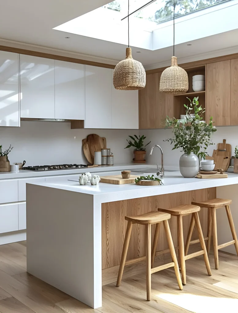 Bright kitchen with skylight, wood cabinetry, white island, and rattan pendant lights for a cozy, natural feel.