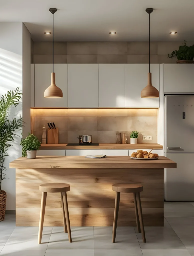 Minimalist kitchen with wood accents, soft lighting, and white cabinetry for a cozy and modern feel.