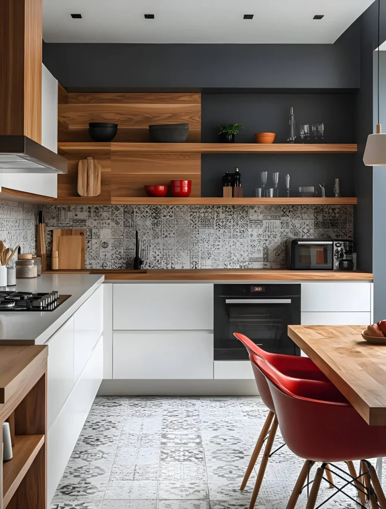 Contemporary kitchen with dark walls, wood shelving, patterned tiles, and red accent chairs for a bold yet cozy feel.