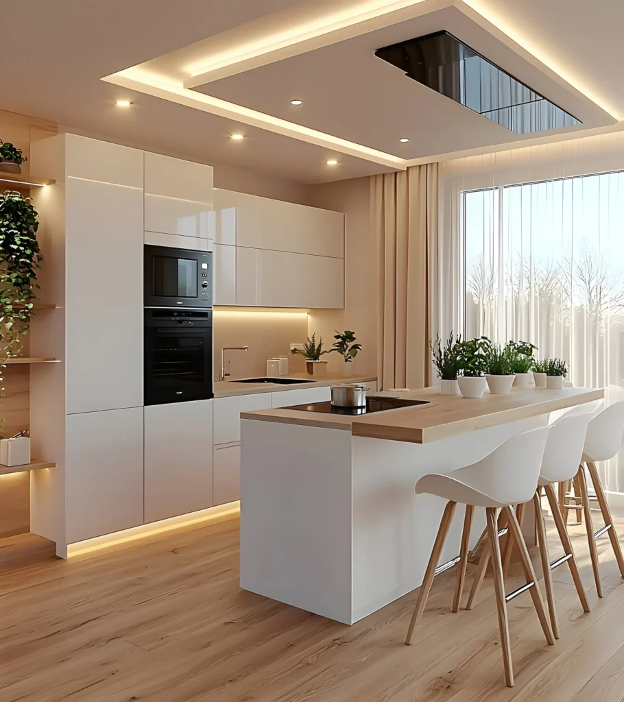 Modern kitchen with white cabinets, warm wood accents, soft lighting, and large windows for a cozy and elegant feel.