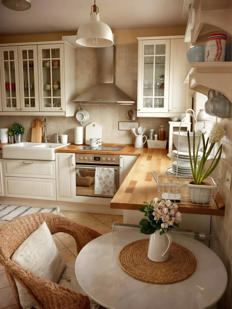 Cottage-style kitchen with cream cabinetry, wood countertops, wicker seating, and soft lighting for a cozy and inviting space.