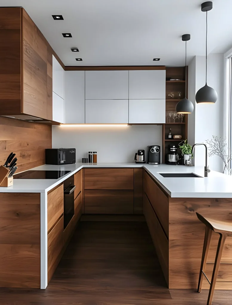 Modern kitchen with wood and white cabinetry, black pendant lighting, and a sleek, minimalist design.