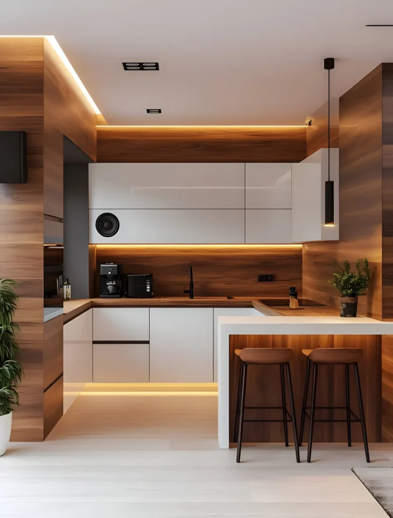 Modern kitchen with warm wood finishes, LED accent lighting, and a sleek breakfast bar with stylish bar stools.