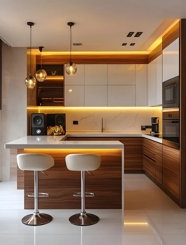 Contemporary kitchen with LED lighting, warm wood finishes, and a sleek white quartz countertop with modern pendant lights.