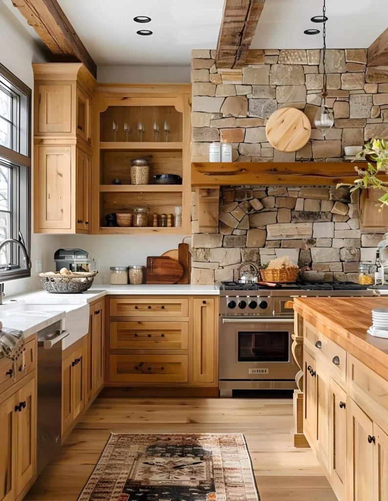 Rustic kitchen featuring natural wood cabinetry, stone backsplash, and exposed wooden beams for a warm, inviting atmosphere.