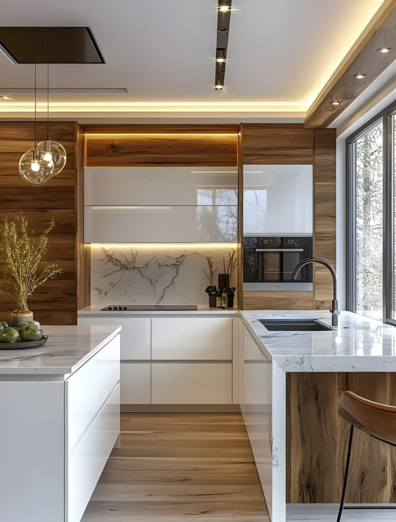 Modern kitchen with white cabinetry, warm wood details, marble surfaces, and ambient lighting for a cozy yet elegant feel.