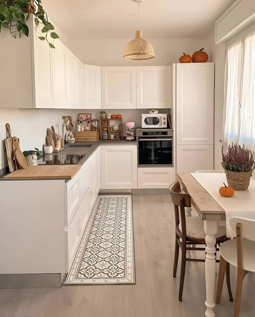 Cozy kitchen with neutral tones, rustic wooden accents, woven textures, and a decorative runner for a warm, inviting feel. Cozy Kitchen Ideas