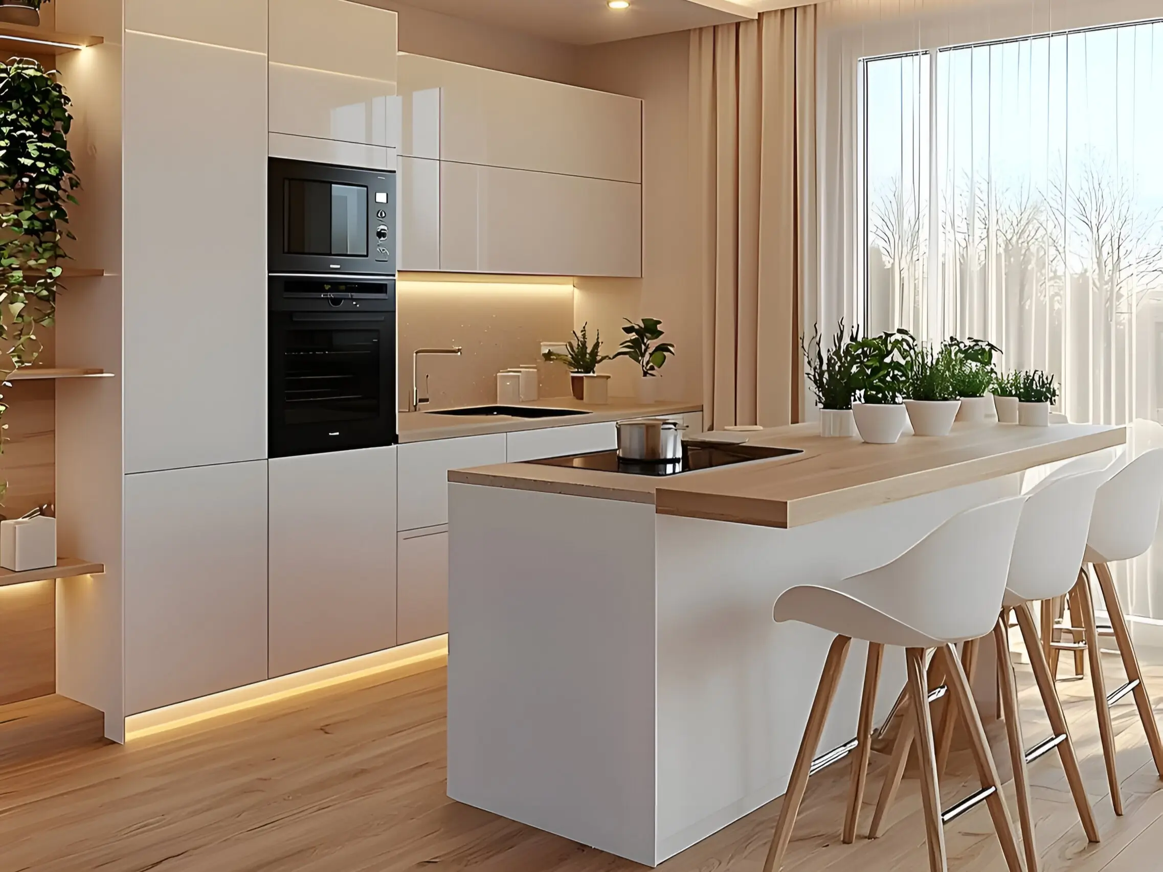 Minimalist kitchen with sleek white cabinetry, wooden accents, under-cabinet lighting, and a modern island with barstools. Cozy Kitchen Ideas