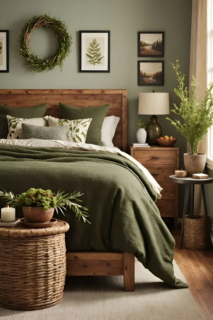 Sage green bedroom with wooden furniture, green bedding, and botanical accents.