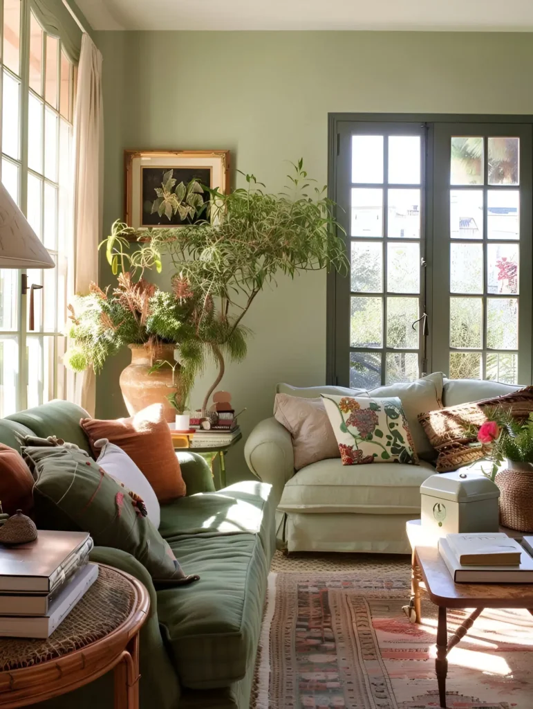 Living room featuring sage green walls, a green sofa, and layered textiles.