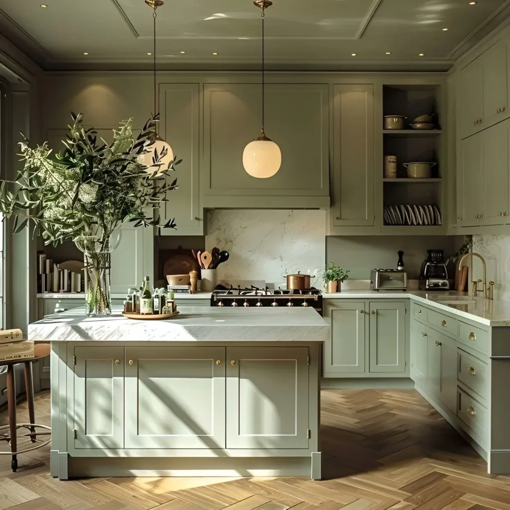 Sage green kitchen with light countertops, wooden floors, and modern lighting.