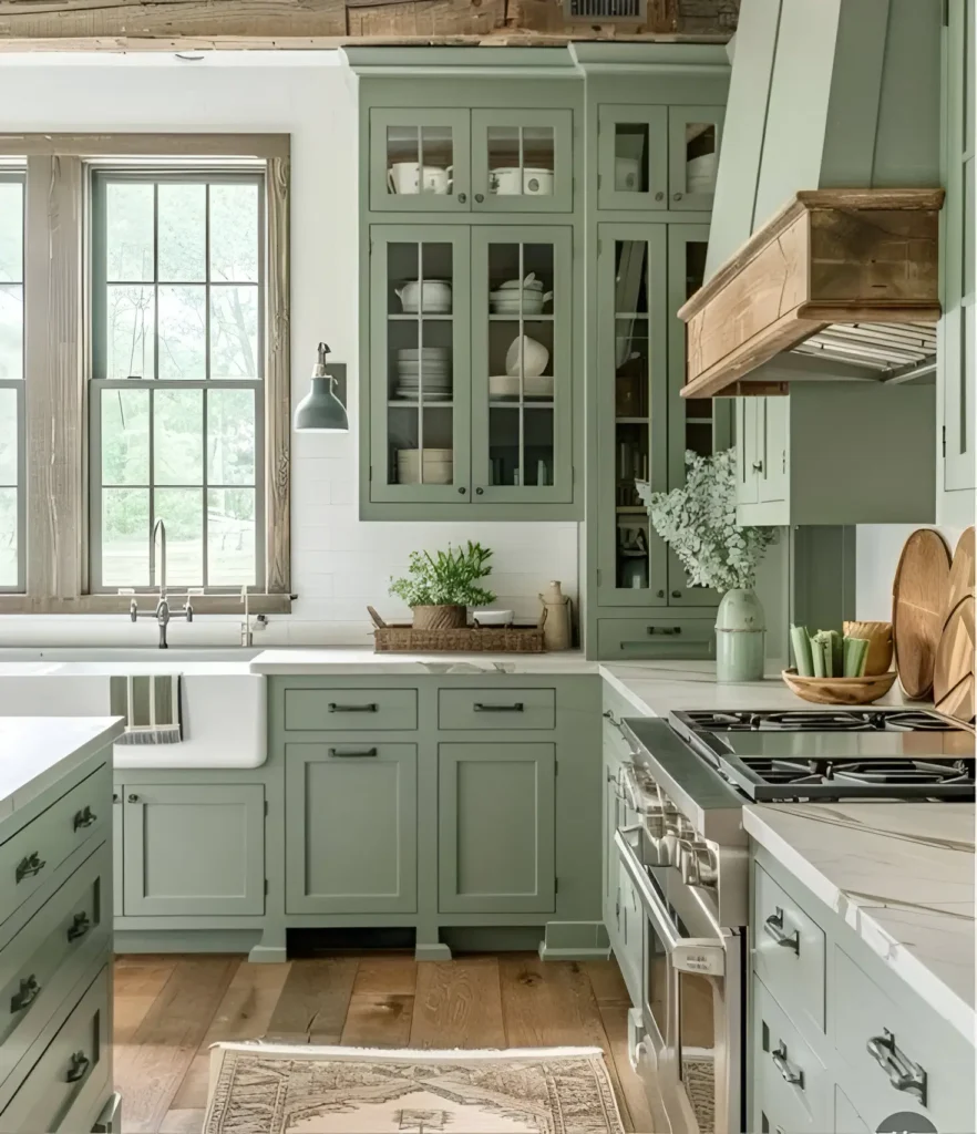  Farmhouse kitchen with sage green cabinets, white countertops, and a large window.