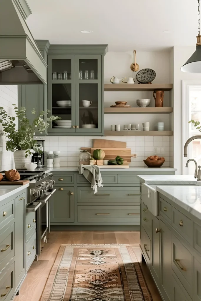 Modern farmhouse kitchen with sage green cabinets, open shelving, and a white subway tile backsplash.