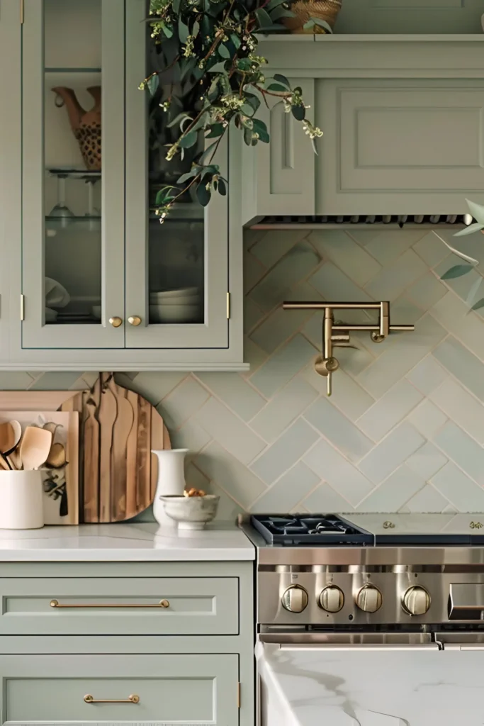 Close-up of a kitchen with a light sage green tile backsplash and neutral cabinets.