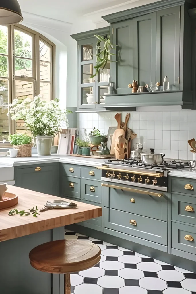 Kitchen with sage green cabinets, a black and white checkerboard floor, and a wooden island countertop.