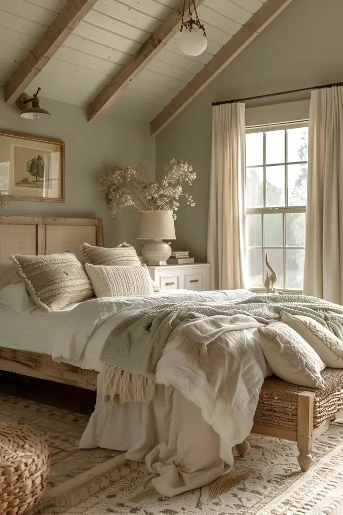 Farmhouse bedroom with light sage green walls, light wood furniture, and layered textiles.