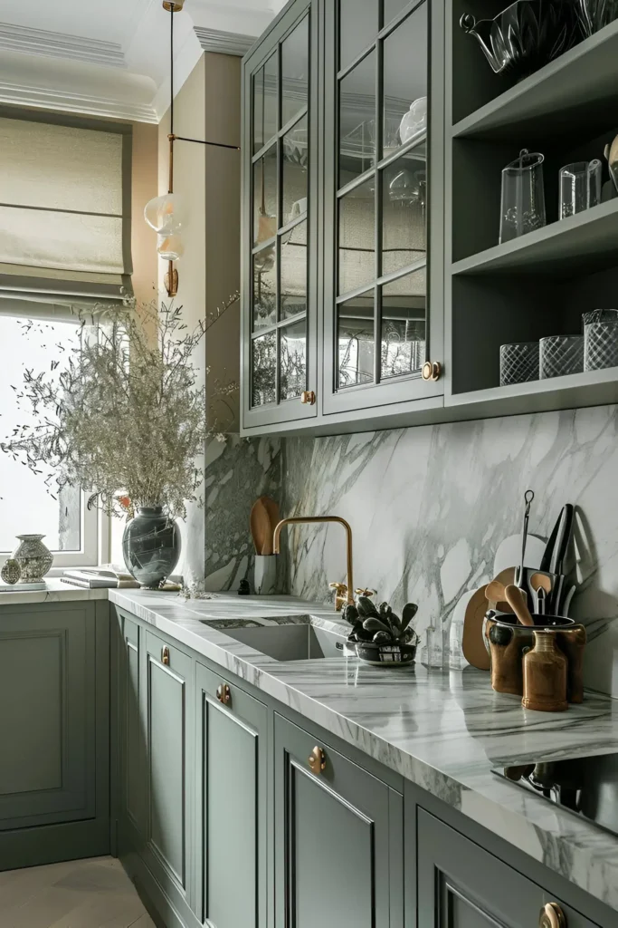 Elegant kitchen with sage green cabinets, marble countertops, and a matching marble backsplash.