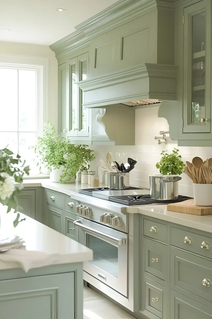 Bright kitchen with light sage green cabinets, white countertops, and potted plants.