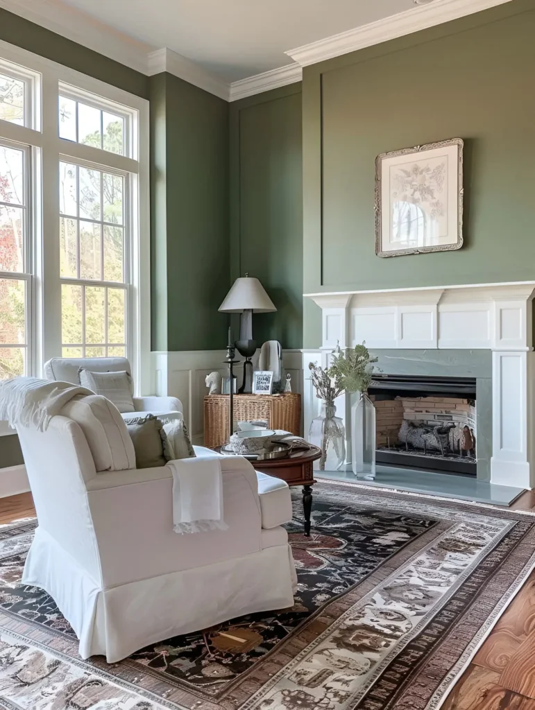 Formal living room with medium sage green walls, white wainscoting, and a fireplace.