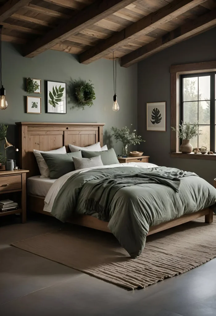 Bedroom with deep sage green walls, natural wood furniture, and industrial lighting.