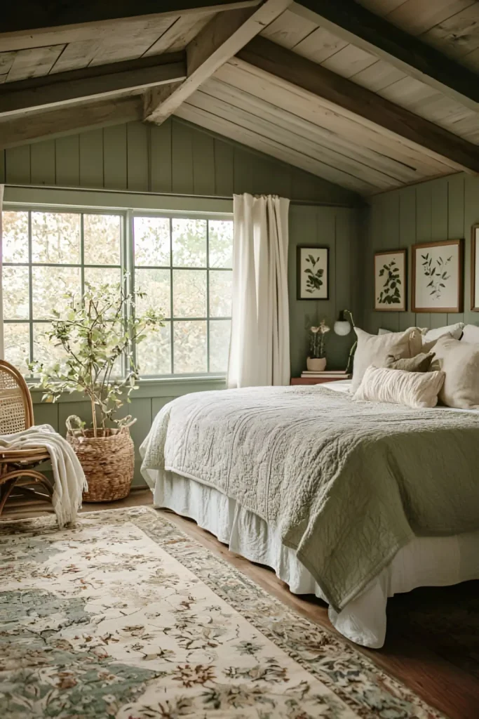 Bedroom with sage green wood-paneled walls, a large window, and layered bedding.