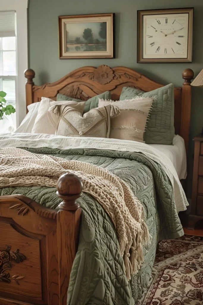 Bedroom with sage green walls, an antique-style wooden bed, and layered bedding.