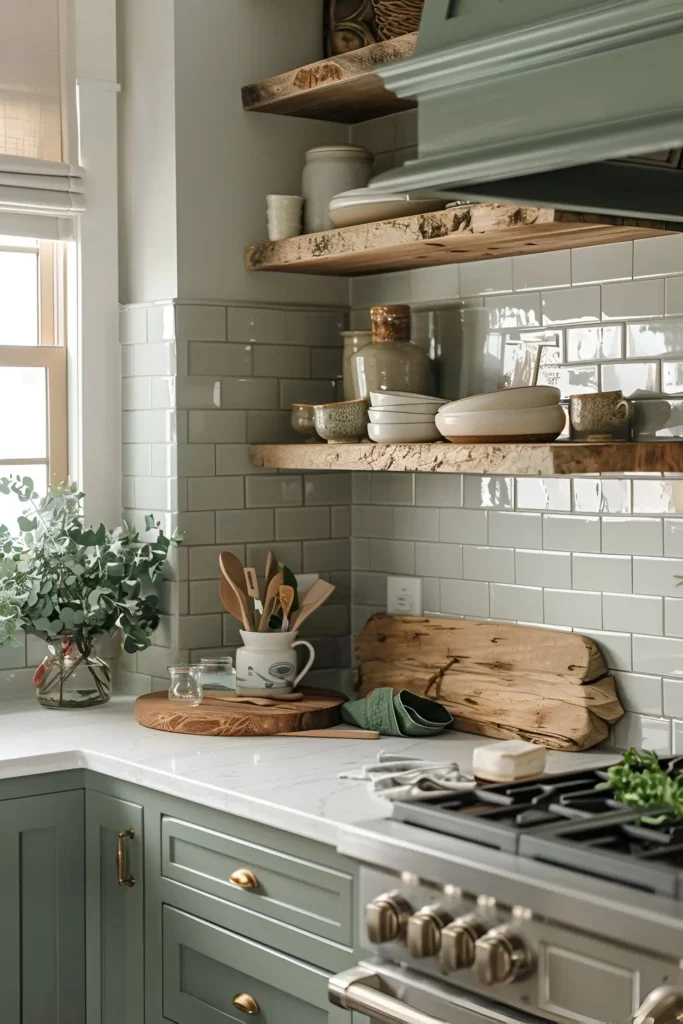 Kitchen with sage green cabinets, natural wood shelving, and a light subway tile backsplash.