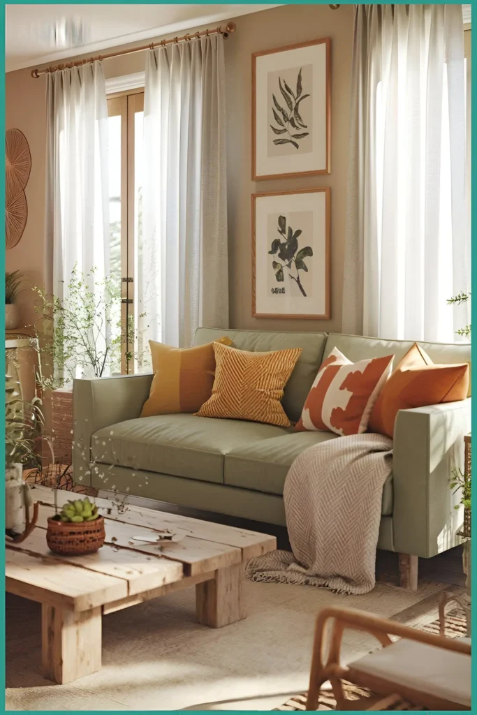 Living room with a light sage green sofa, colorful cushions, and neutral walls.