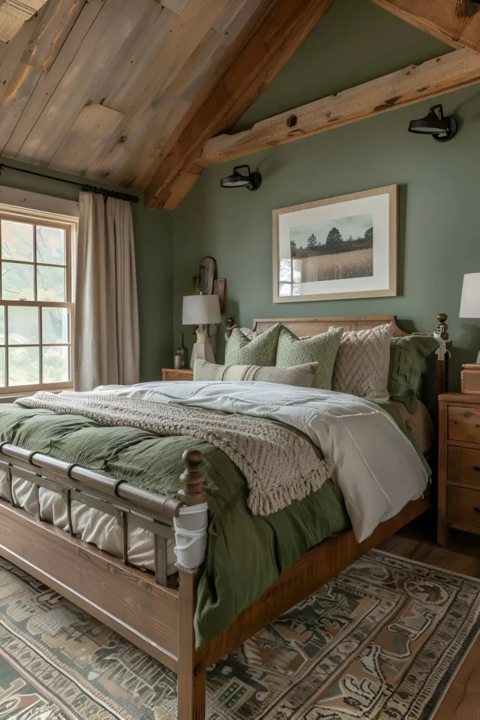 Rustic bedroom with deep sage green walls, a wooden ceiling, and layered bedding.