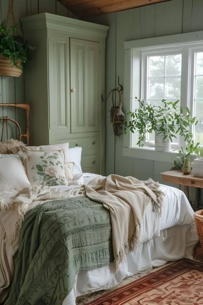 Cottage-style bedroom with light sage green paneled walls and a matching wardrobe.