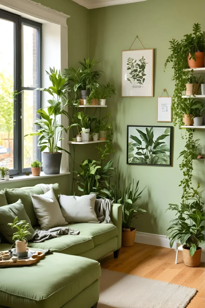 Sage green living room filled with various houseplants and botanical prints.