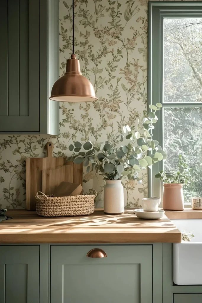 Kitchen with sage green cabinets, floral wallpaper, and wooden countertops.