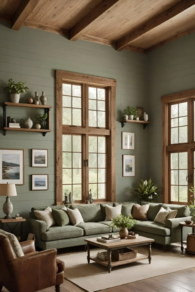 Living room with sage green shiplap walls, a large sectional sofa, and wooden shelving.