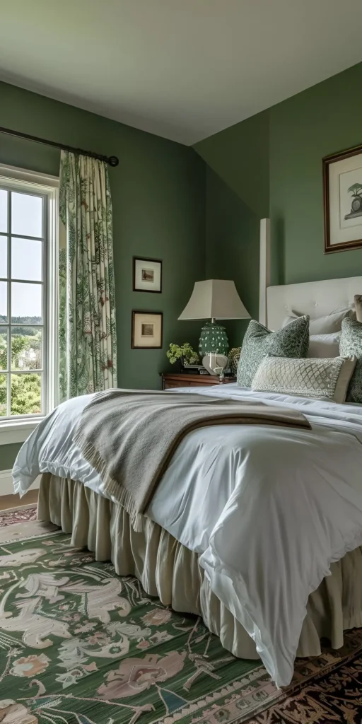 Bedroom with deep sage green walls, a patterned rug, and light bedding.