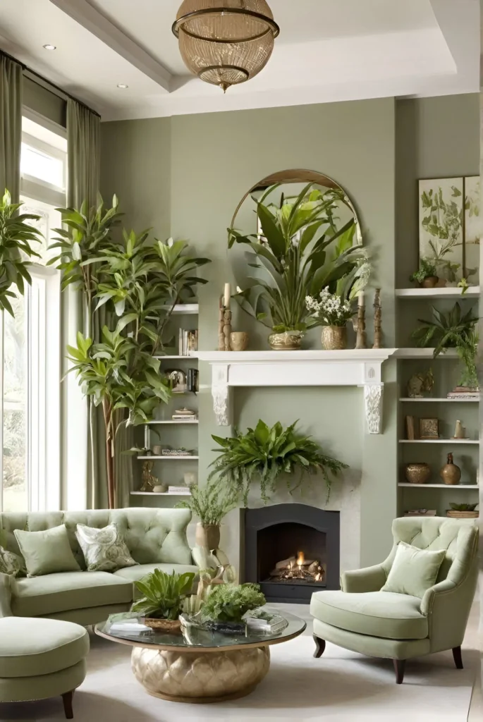 Elegant living room with light sage green walls, matching furniture, and many plants.