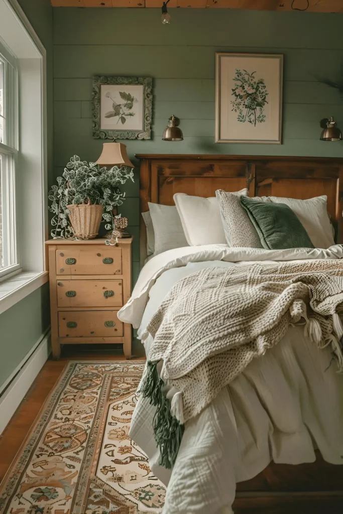 Country-style bedroom with sage green wood-paneled walls, a wooden bed frame, and layered bedding.