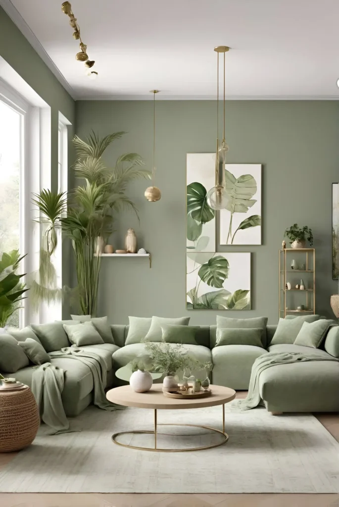 Modern living room with sage green walls, a large sage green sectional, and botanical artwork.