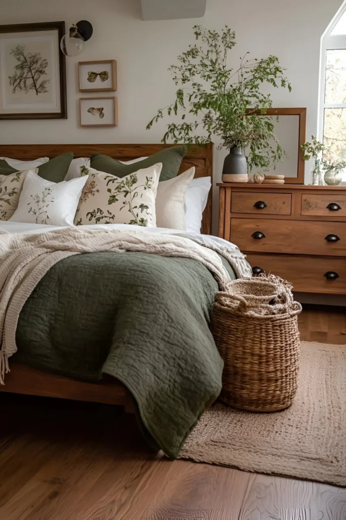 Bedroom with a deep sage green bedspread, cream walls, wooden furniture, and woven accents.