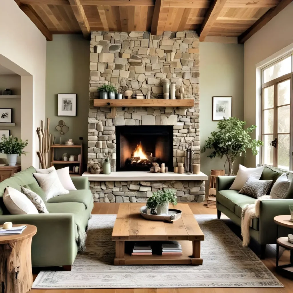 Rustic living room with a stone fireplace, sage green walls, and matching sofas.