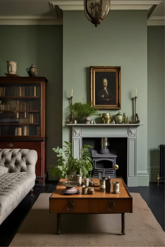 Traditional living room with muted sage green walls, a lighter sage fireplace, and antique furniture.