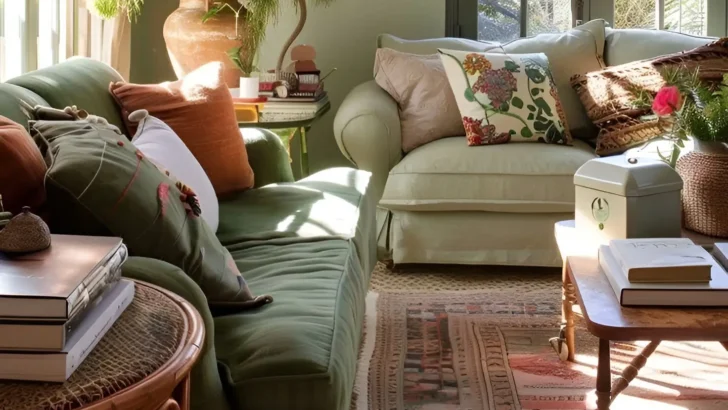 Cozy living room with sage green walls, two sofas in different shades of green, layered textiles, and natural light.