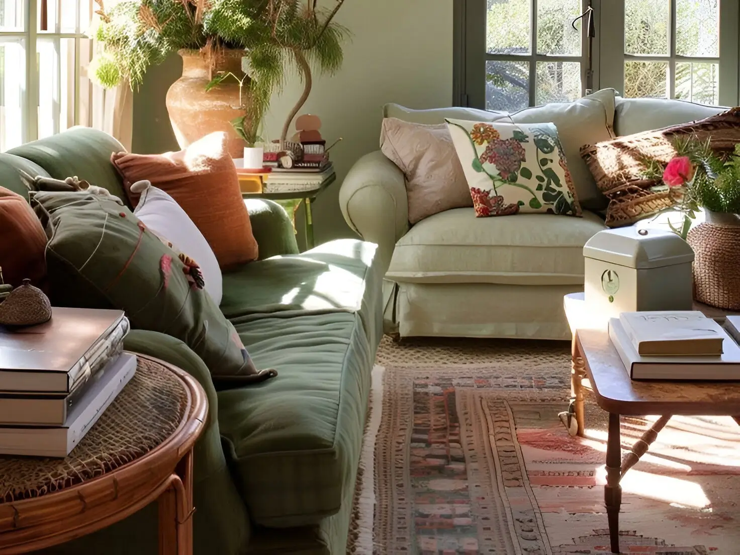 Cozy living room with sage green walls, two sofas in different shades of green, layered textiles, and natural light.