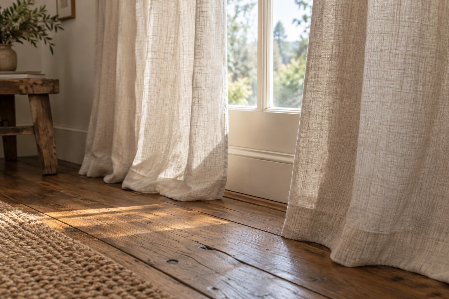Linen curtain hems beside a window above a wooden floor