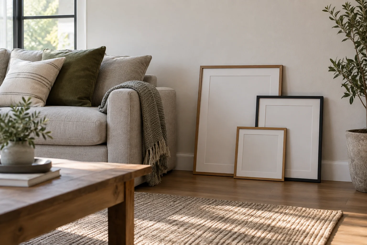 Sofa with three empty frames of different sizes resting on the floor beside a wall
