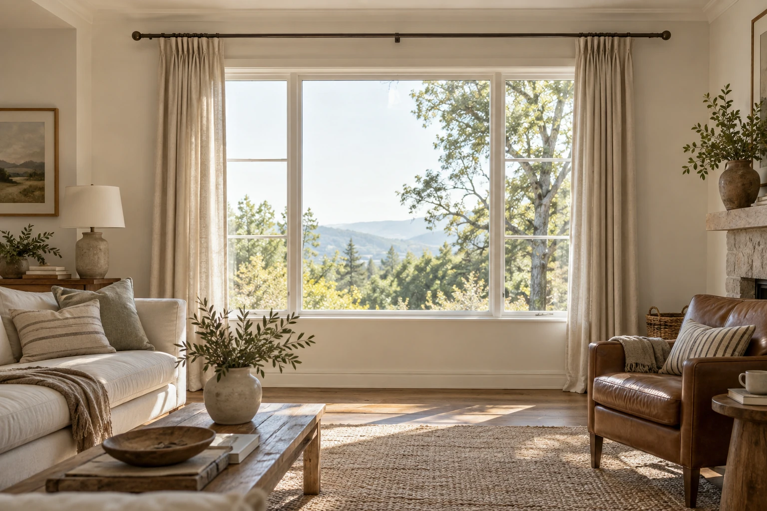 Open linen curtains gathered at either side of a living-room window