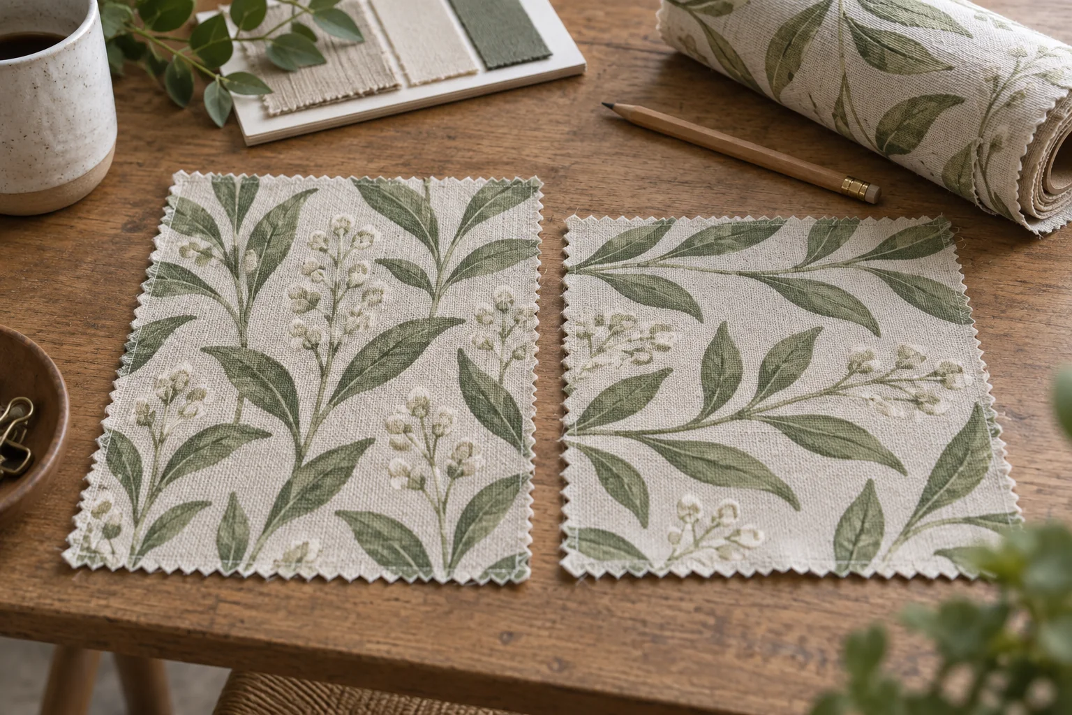 Fabric swatches in different orientations beside a fabric roll and pencil