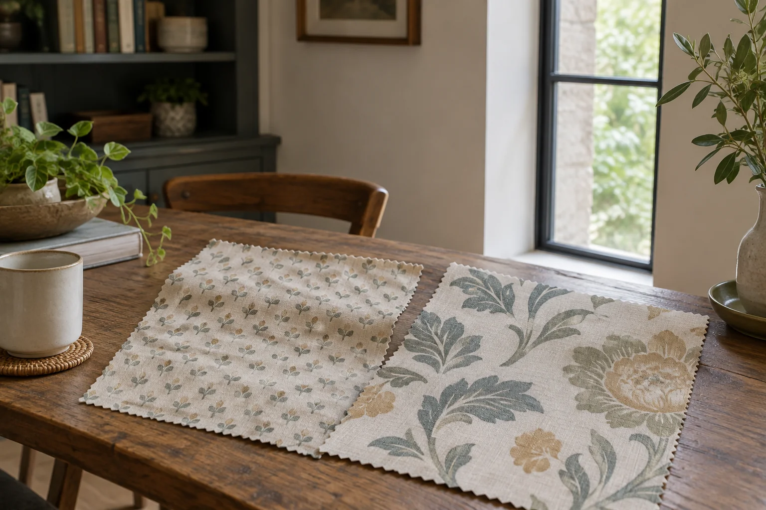 Two fabric samples with small and large patterns on a table beside a narrow window