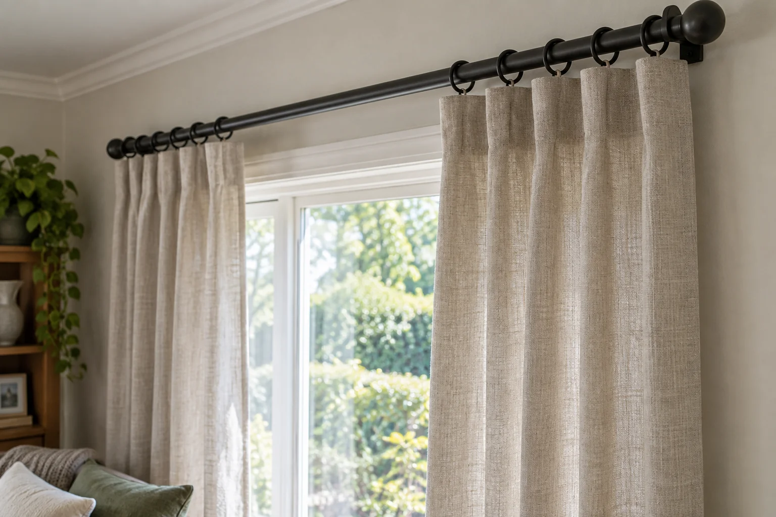 Linen curtains hanging from rings on a visible dark curtain pole