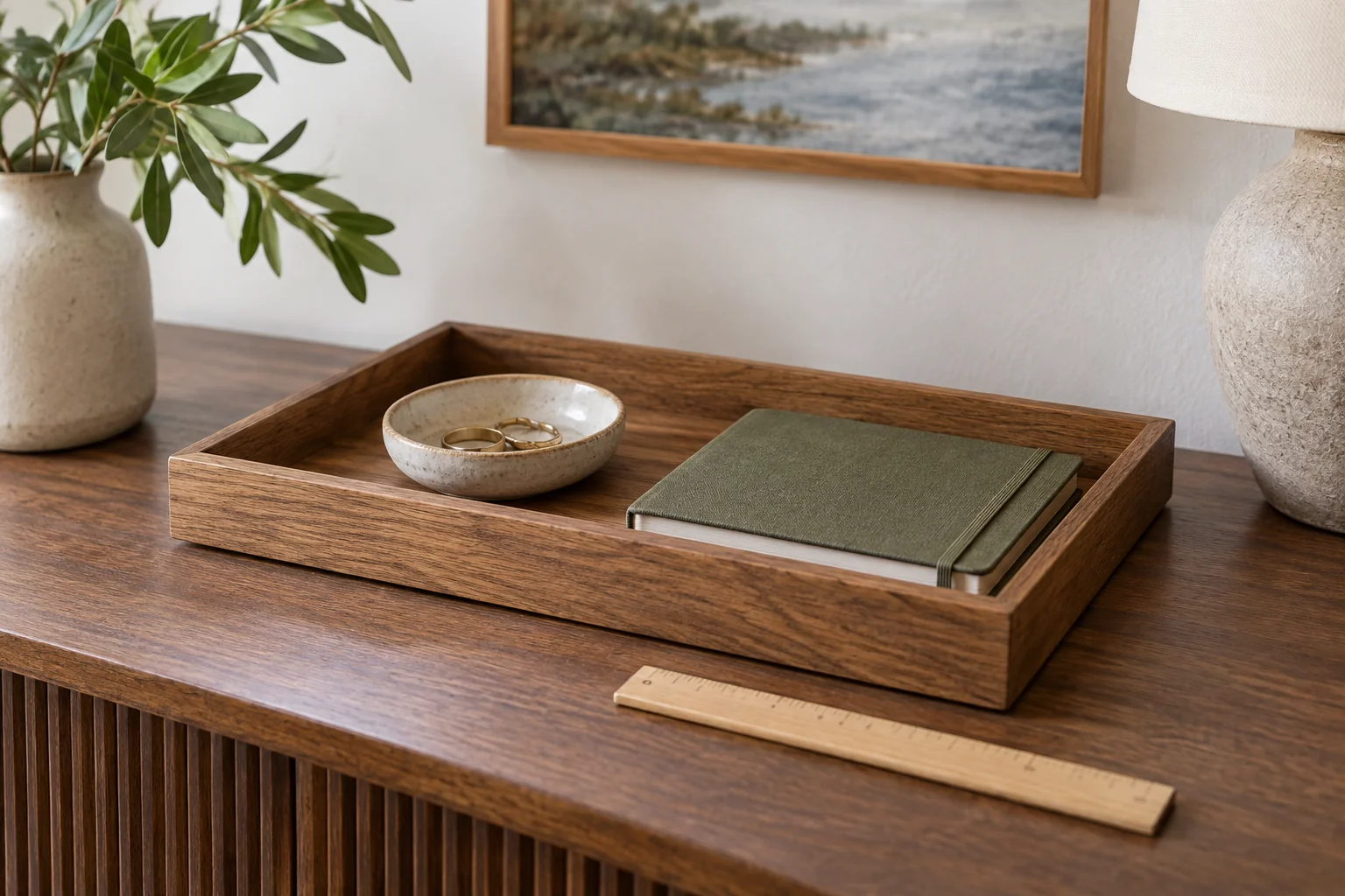Wooden decorative tray with a dish and notebook beside a ruler